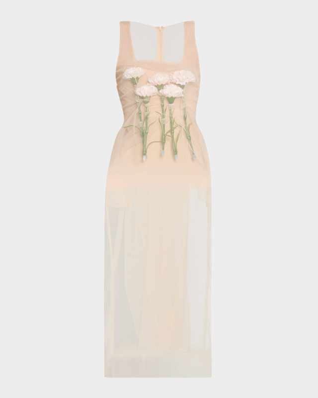 Stuffed Carnation Square Neck Sheer Midi Dress